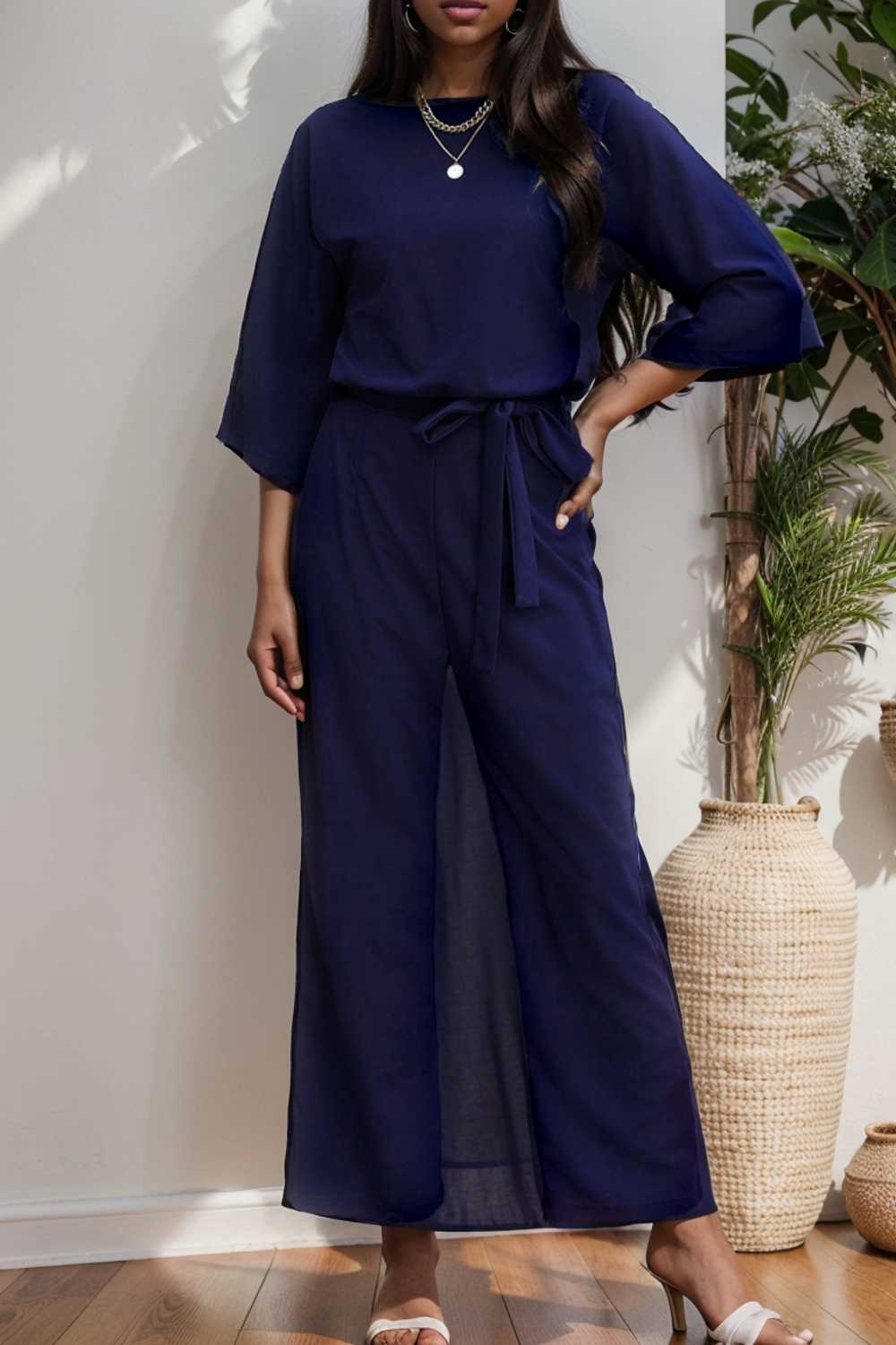 solid five point sleeve belted wide leg jumpsuit 111602