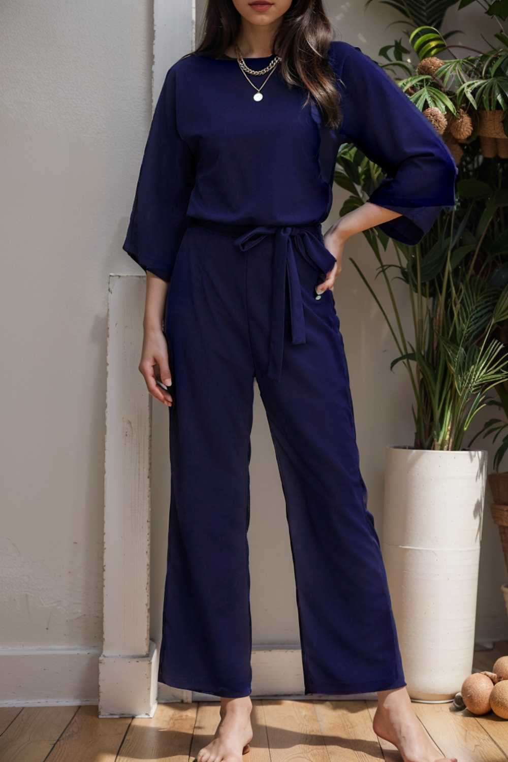 solid five point sleeve belted wide leg jumpsuit 111601