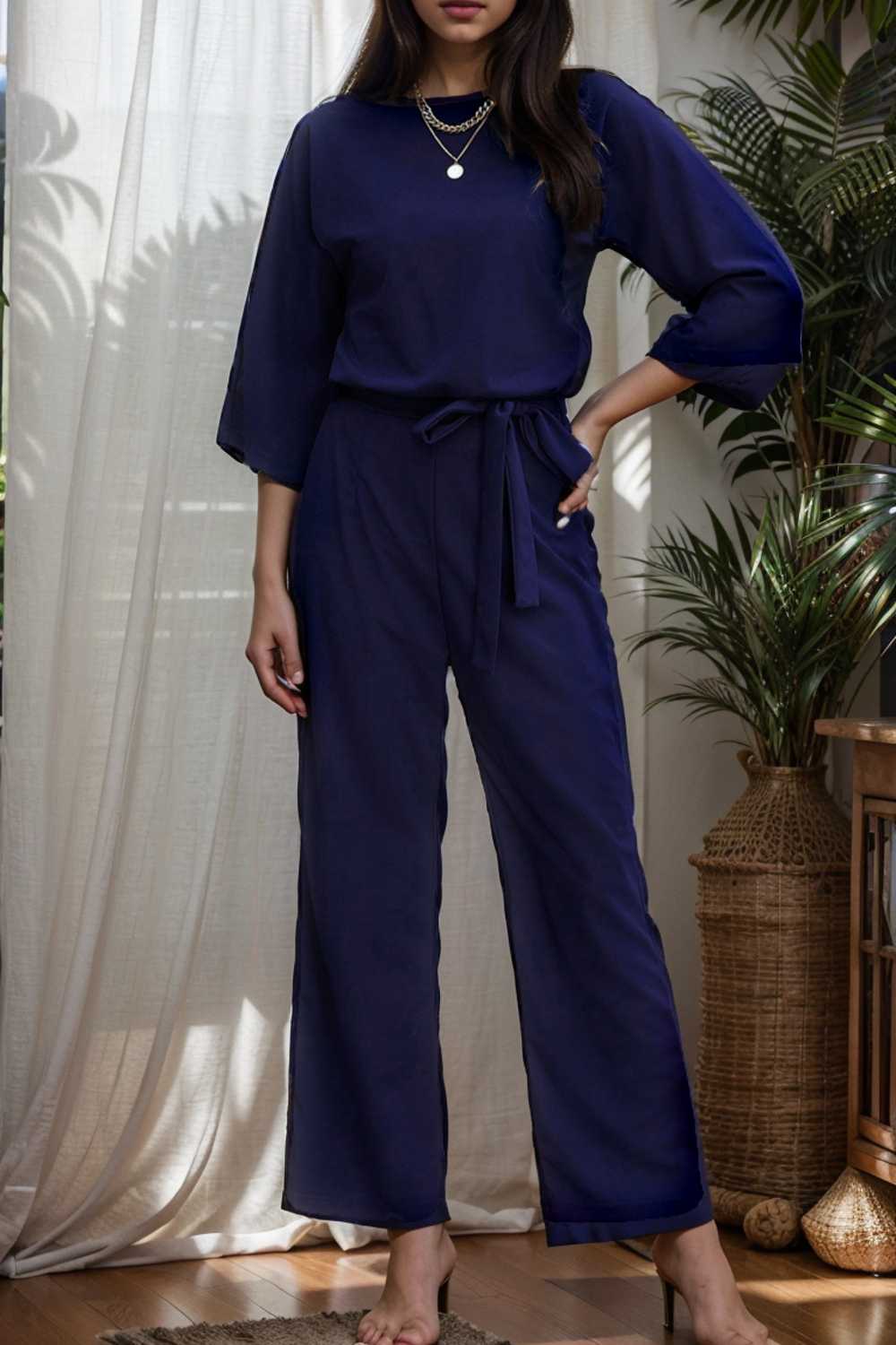 solid five point sleeve belted wide leg jumpsuit 111600