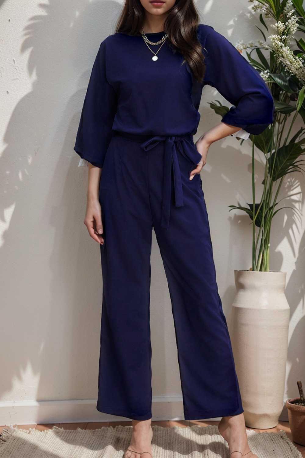 solid five point sleeve belted wide leg jumpsuit 111599