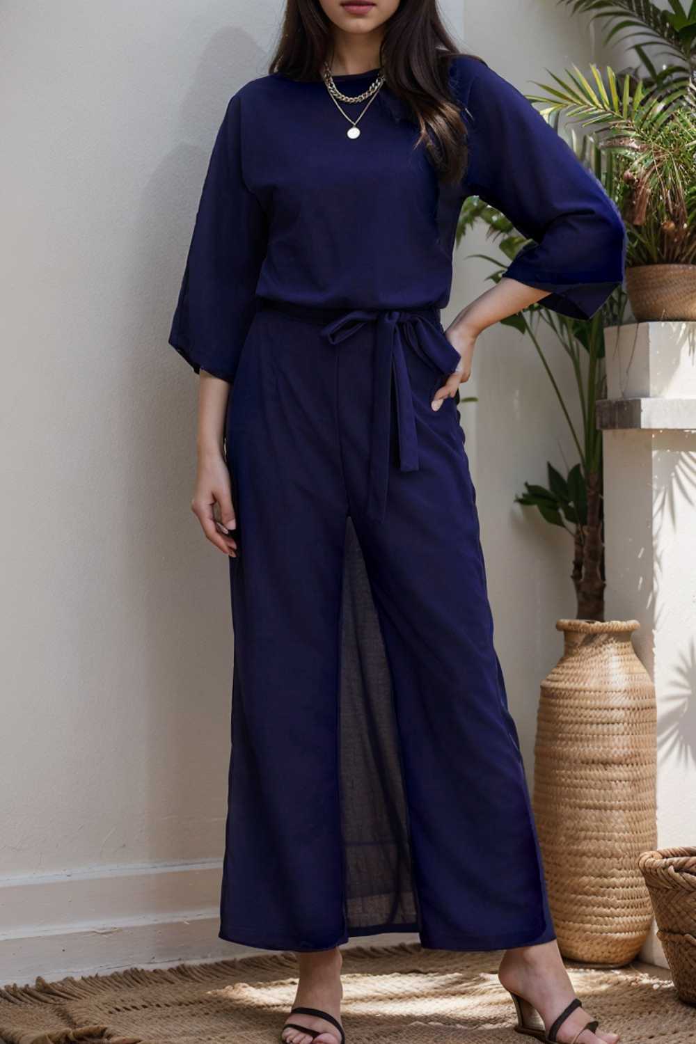 solid five point sleeve belted wide leg jumpsuit 111598