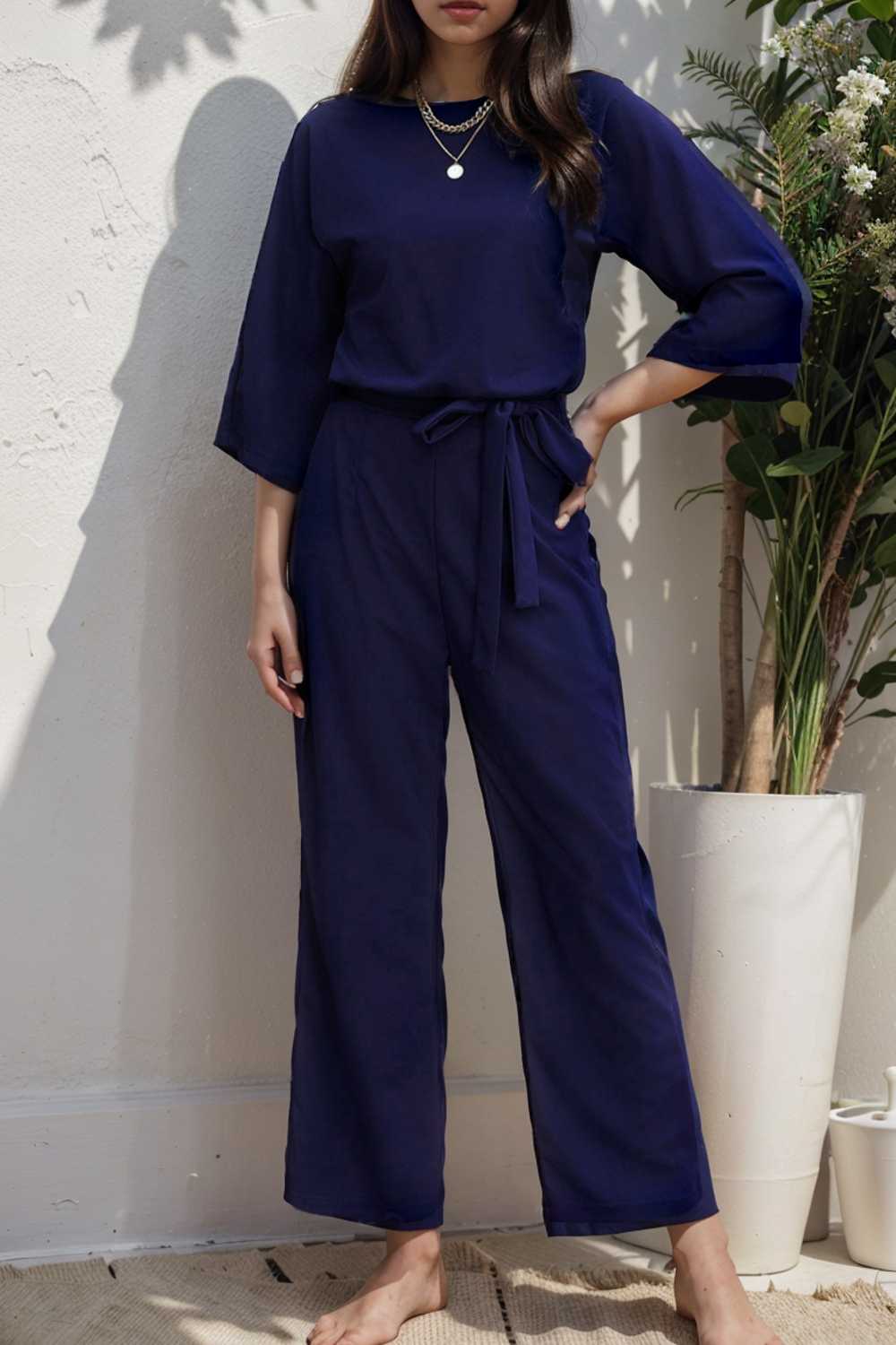 solid five point sleeve belted wide leg jumpsuit 111597