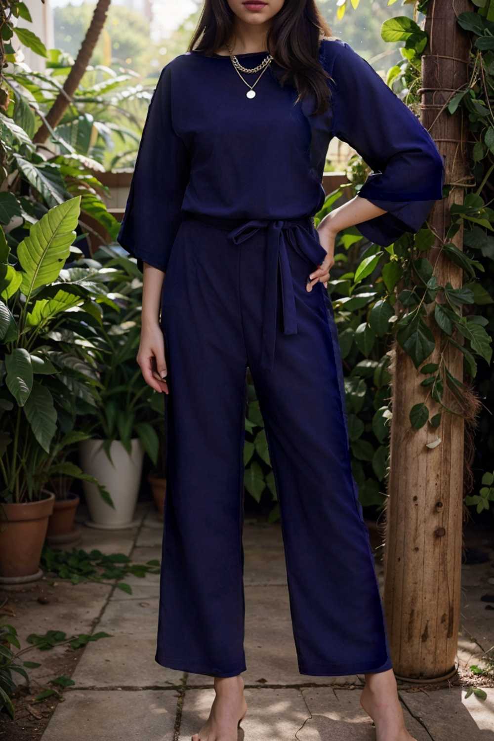 solid five point sleeve belted wide leg jumpsuit 111058