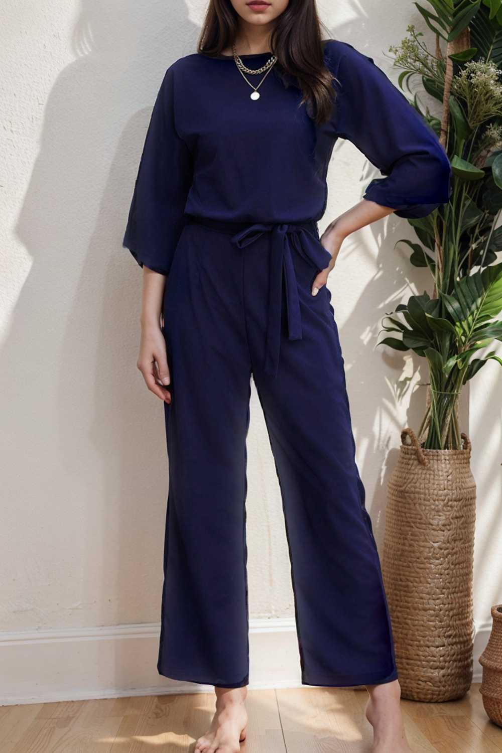 solid five point sleeve belted wide leg jumpsuit 111556