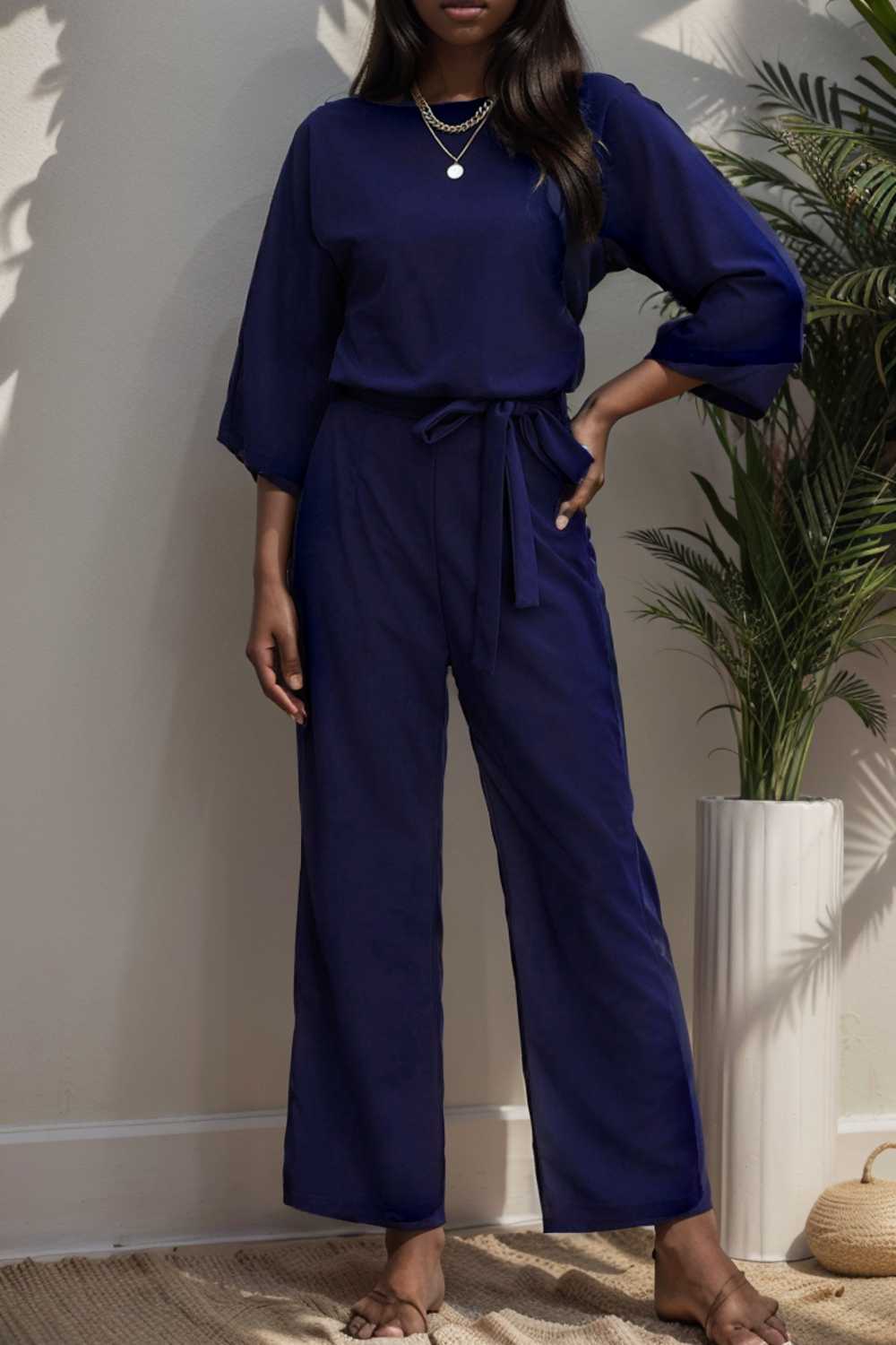 solid five point sleeve belted wide leg jumpsuit 112770