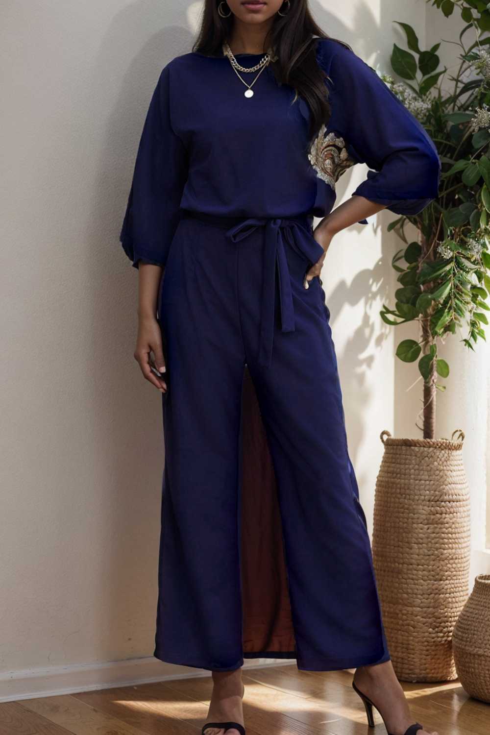 solid five point sleeve belted wide leg jumpsuit 111596