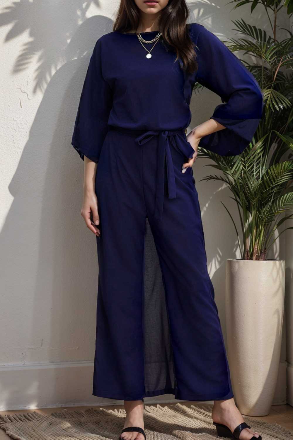 solid five point sleeve belted wide leg jumpsuit 111595