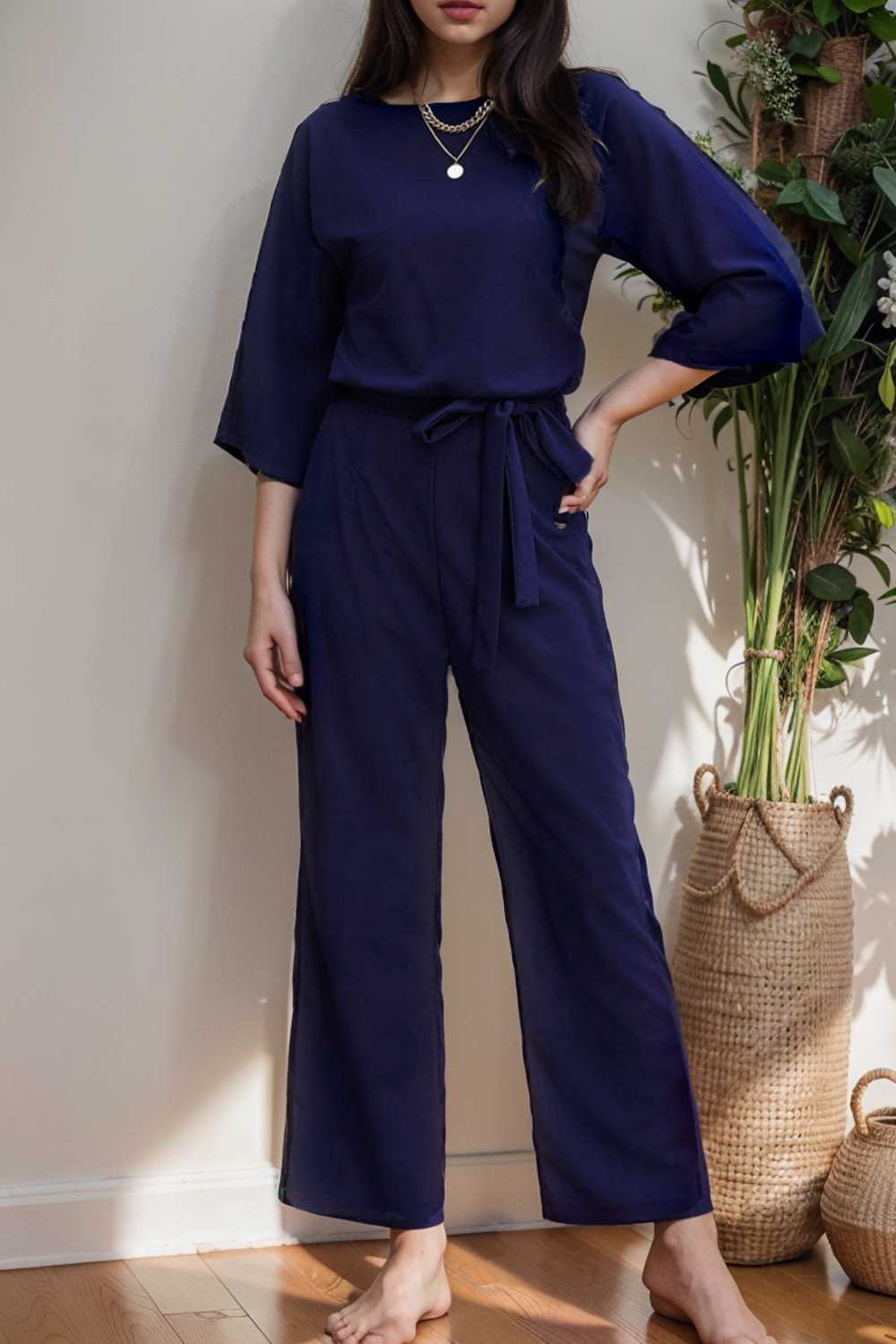 solid five point sleeve belted wide leg jumpsuit 111594