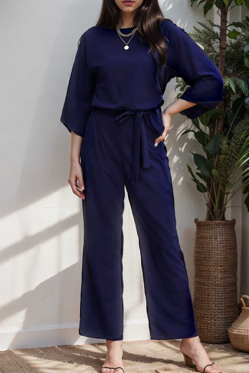 solid five point sleeve belted wide leg jumpsuit 111593