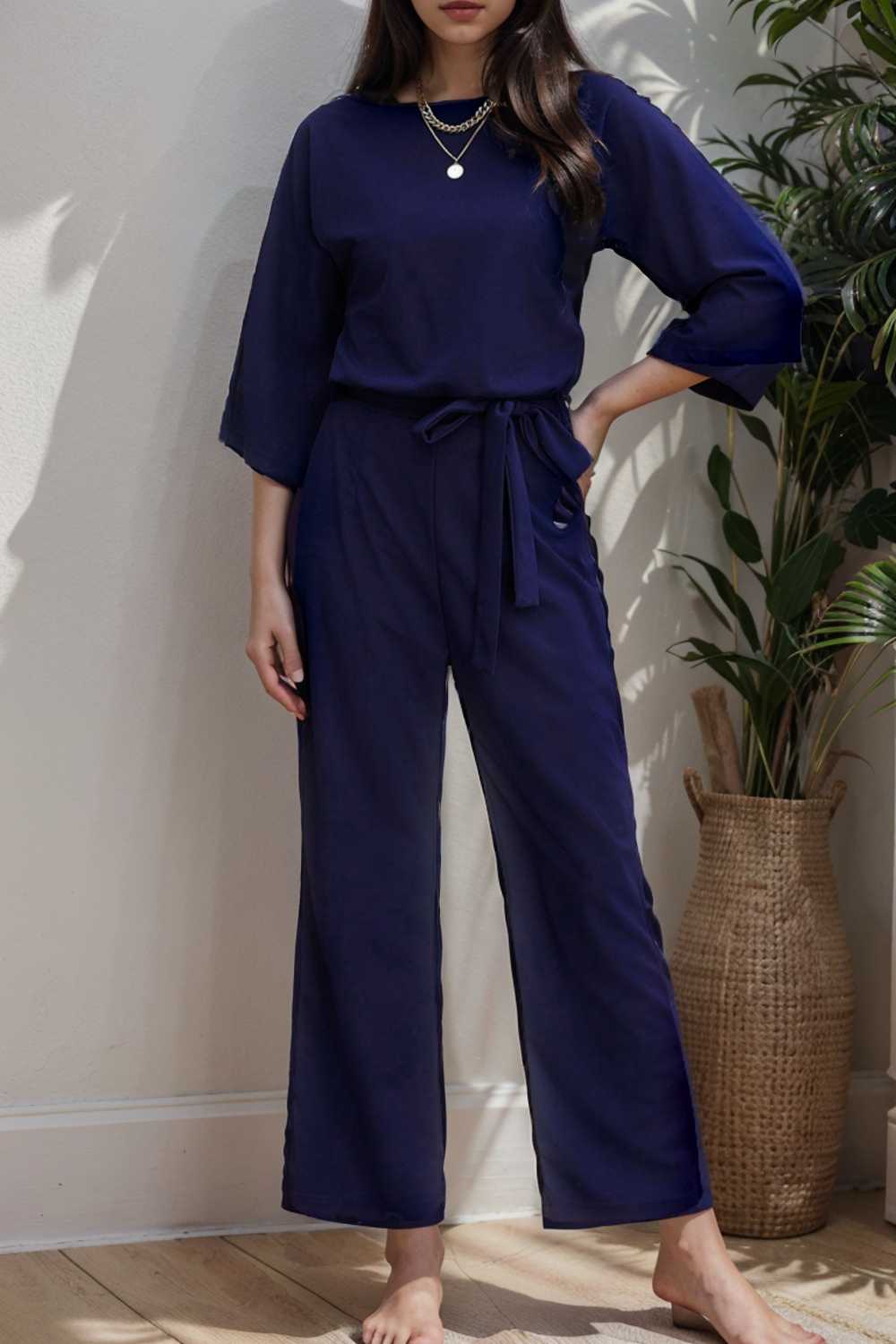 solid five point sleeve belted wide leg jumpsuit 111592