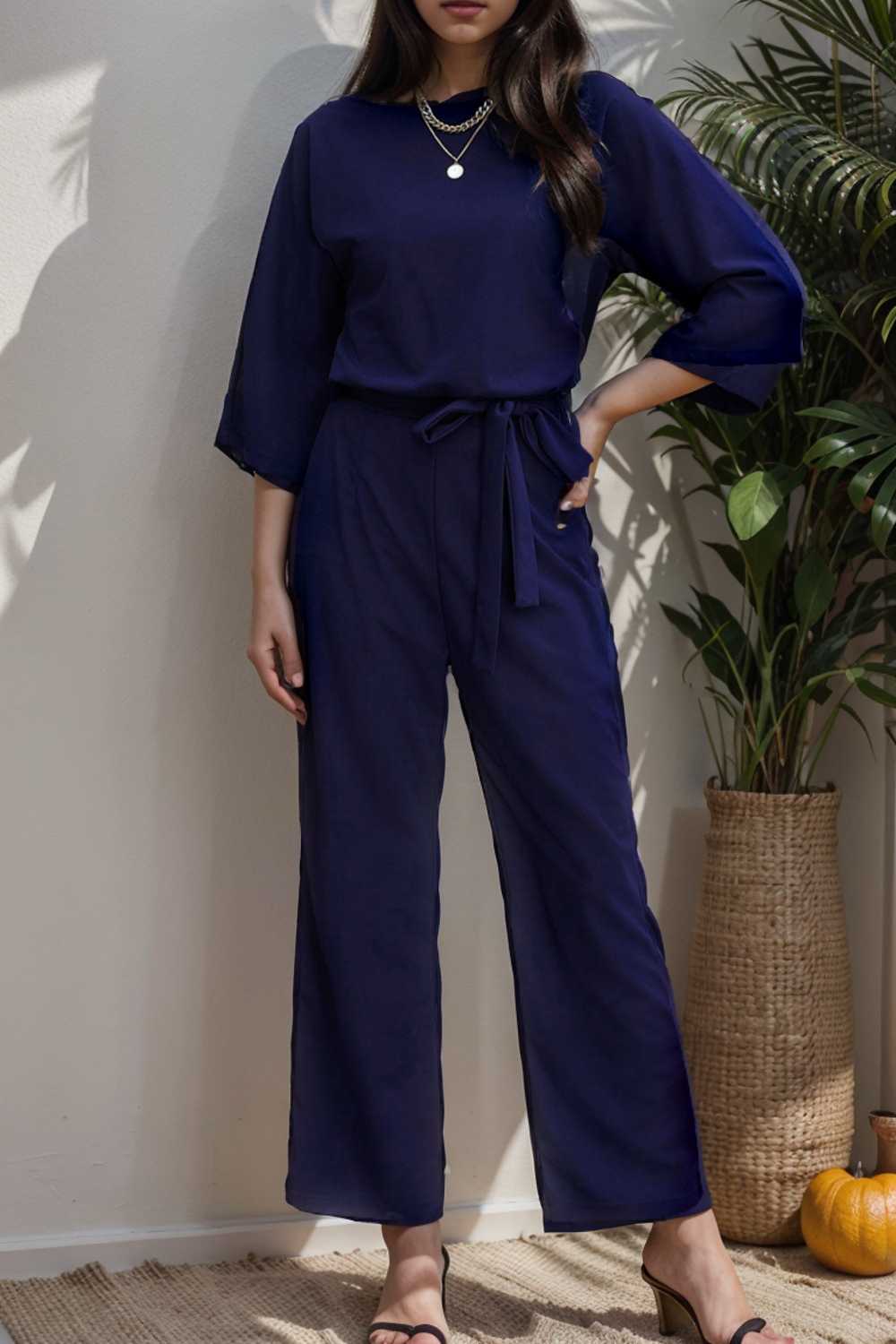 solid five point sleeve belted wide leg jumpsuit 111591