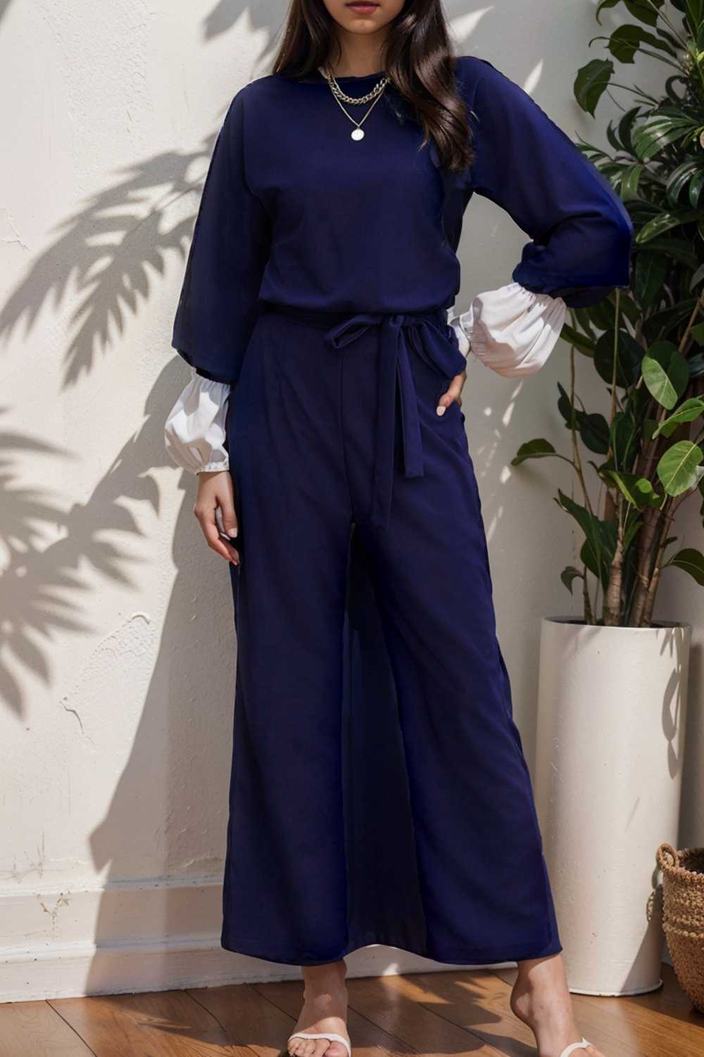 solid five point sleeve belted wide leg jumpsuit 111590