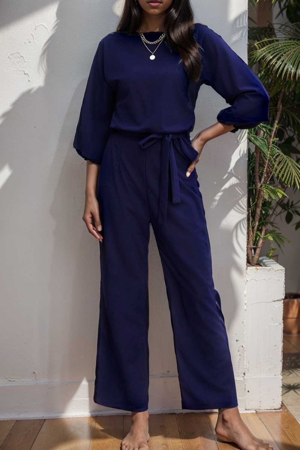 solid five point sleeve belted wide leg jumpsuit 111589