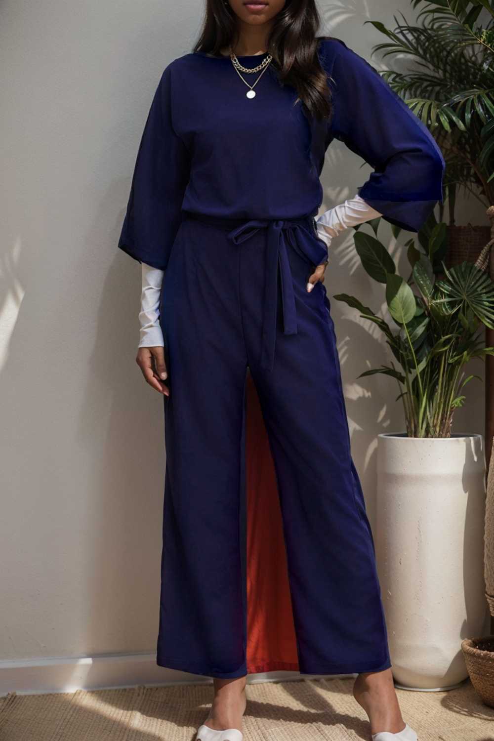 solid five point sleeve belted wide leg jumpsuit 111588