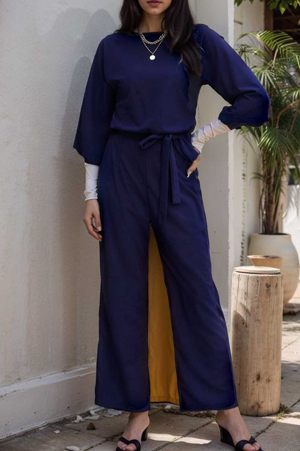 solid five point sleeve belted wide leg jumpsuit 111587