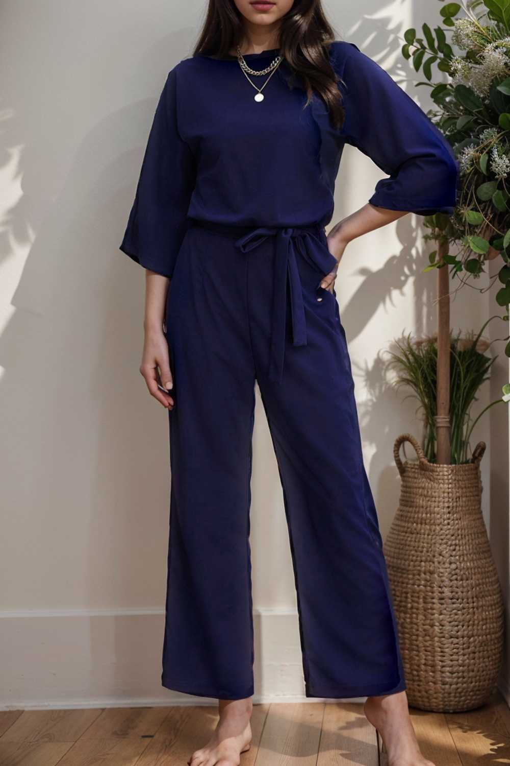 solid five point sleeve belted wide leg jumpsuit 111586