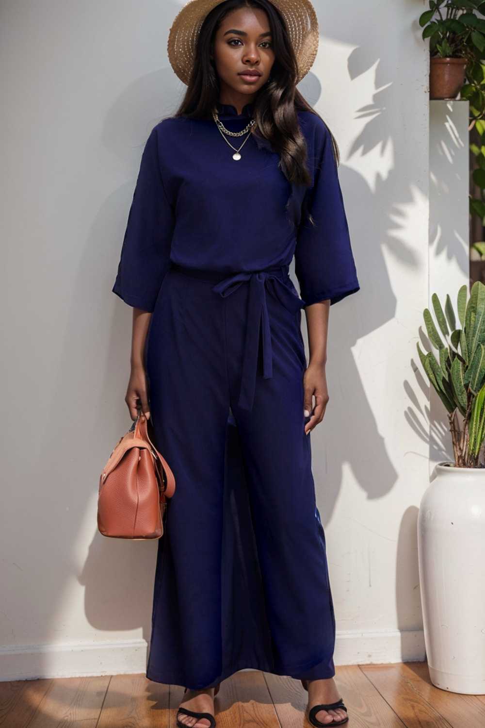 solid five point sleeve belted wide leg jumpsuit 111585