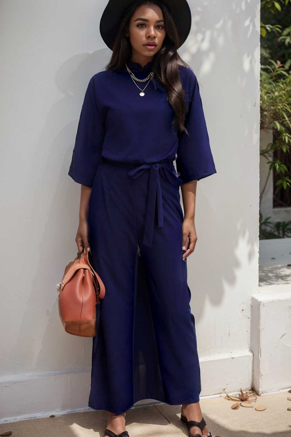 solid five point sleeve belted wide leg jumpsuit 112768