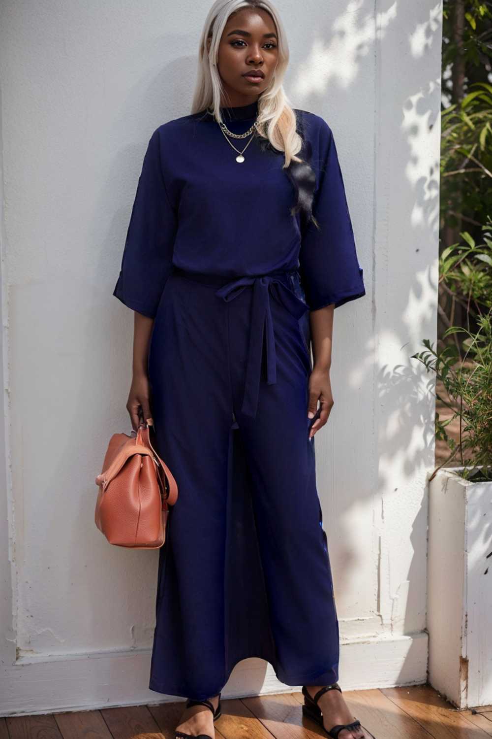 solid five point sleeve belted wide leg jumpsuit 111584
