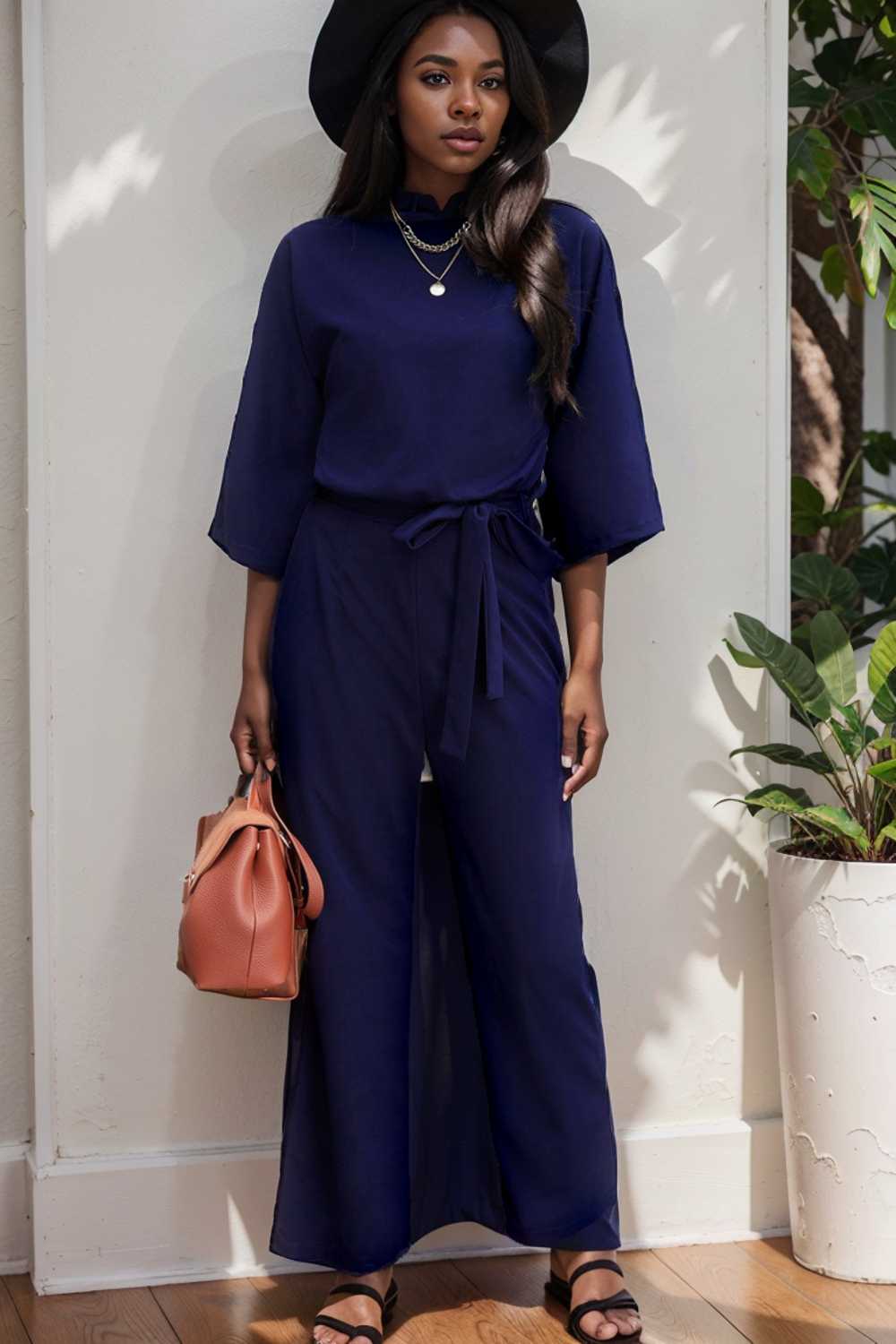solid five point sleeve belted wide leg jumpsuit 112767