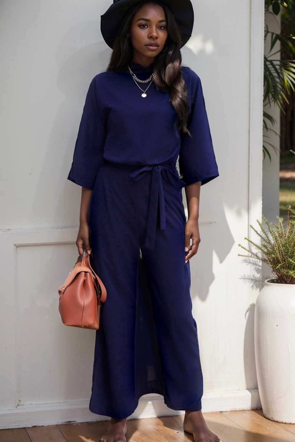 solid five point sleeve belted wide leg jumpsuit 111580