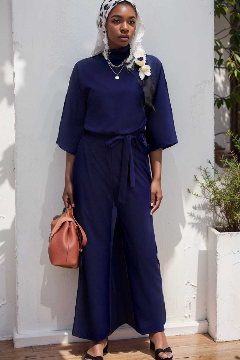 solid five point sleeve belted wide leg jumpsuit 111579