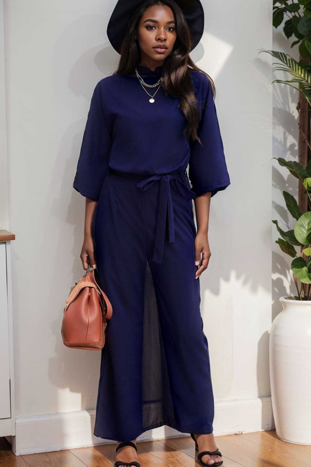 solid five point sleeve belted wide leg jumpsuit 111578