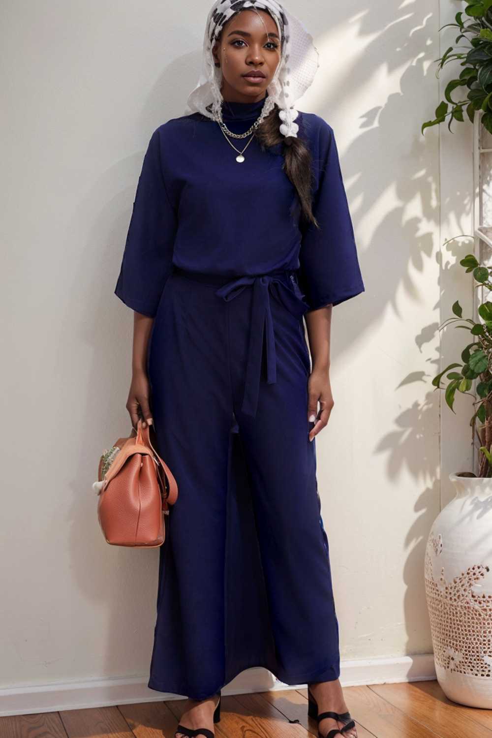 solid five point sleeve belted wide leg jumpsuit 111554