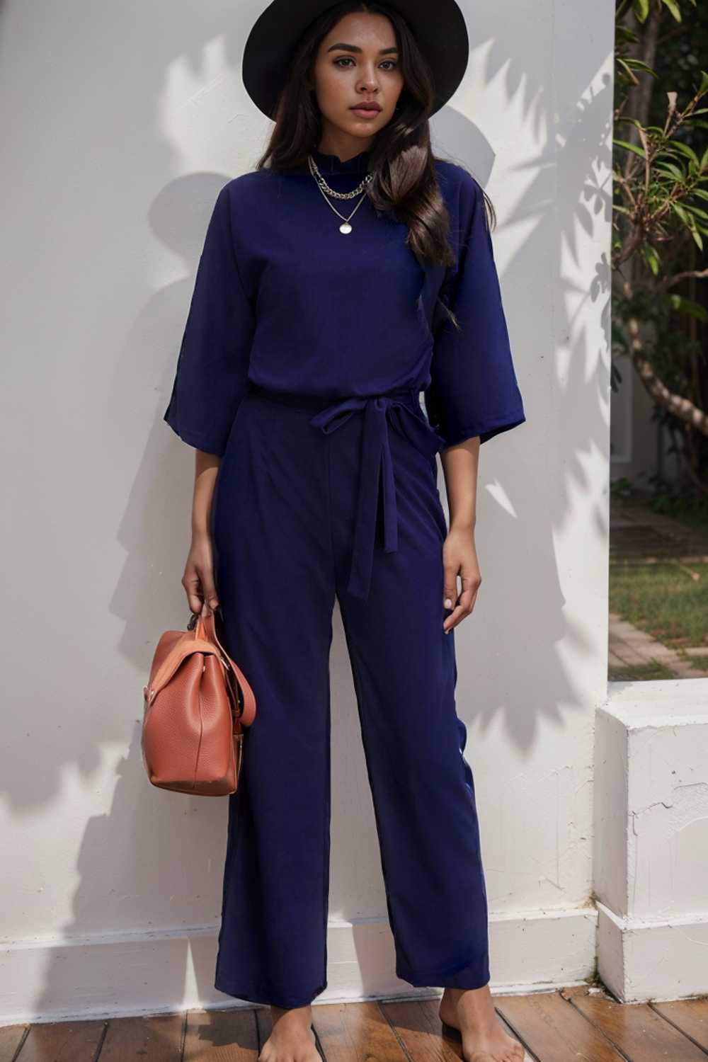 solid five point sleeve belted wide leg jumpsuit 111552