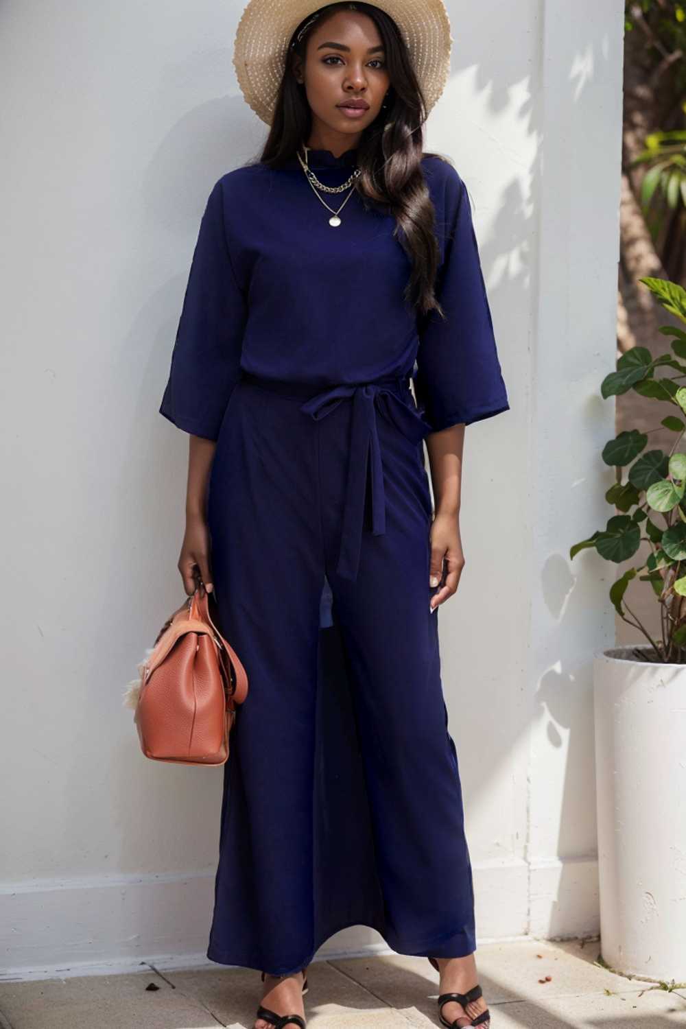 solid five point sleeve belted wide leg jumpsuit 111551