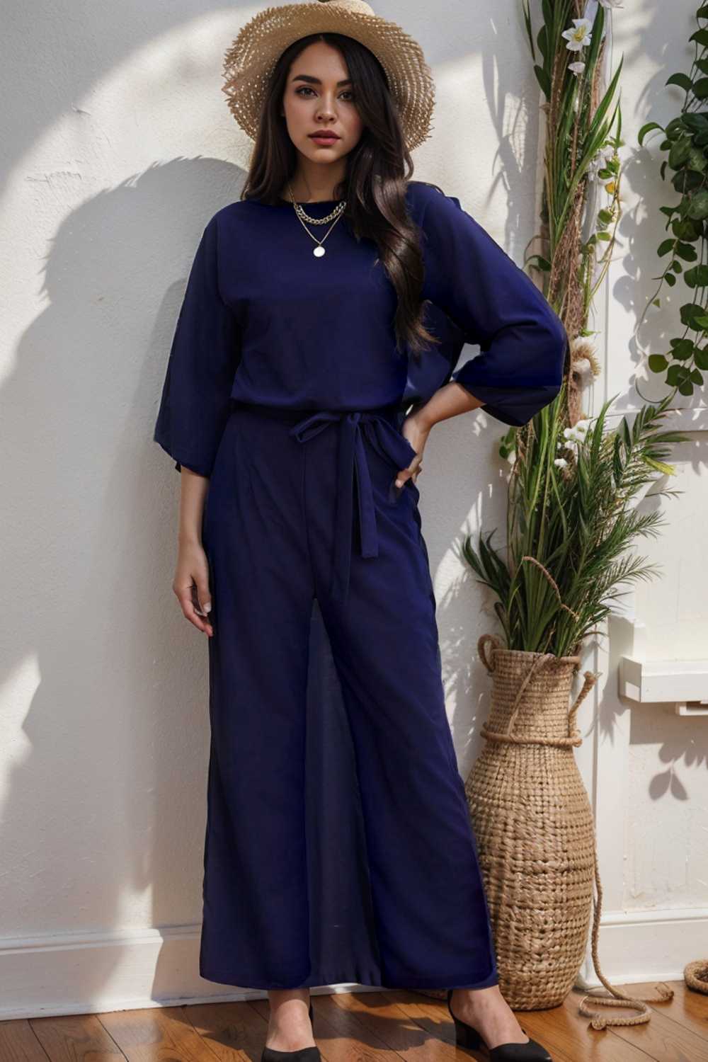 solid five point sleeve belted wide leg jumpsuit 112764