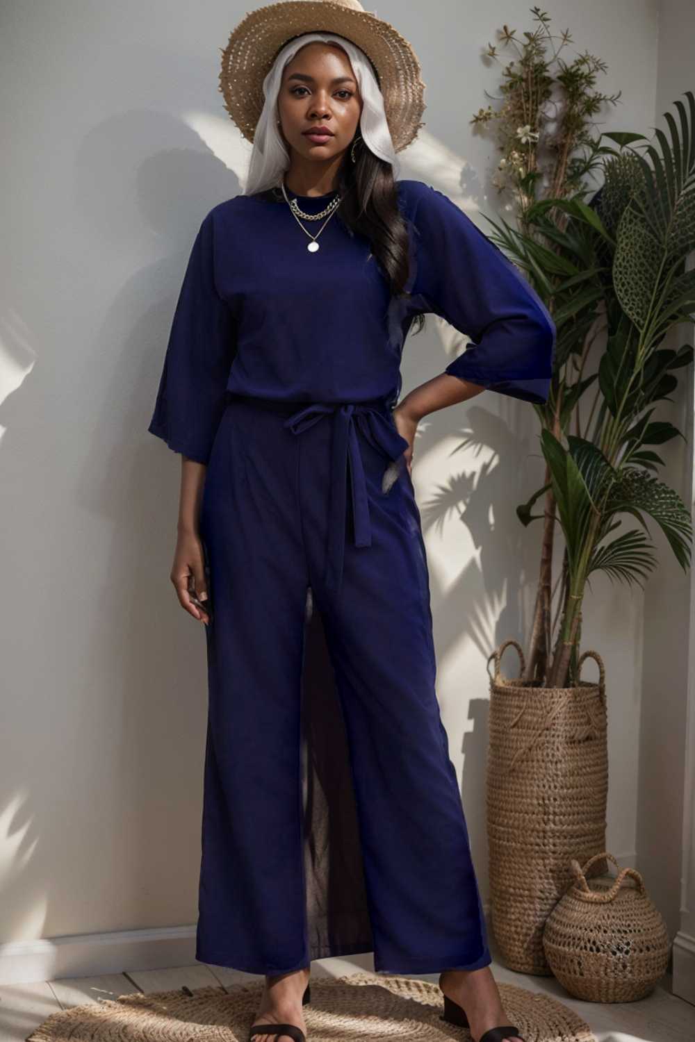 solid five point sleeve belted wide leg jumpsuit 111549