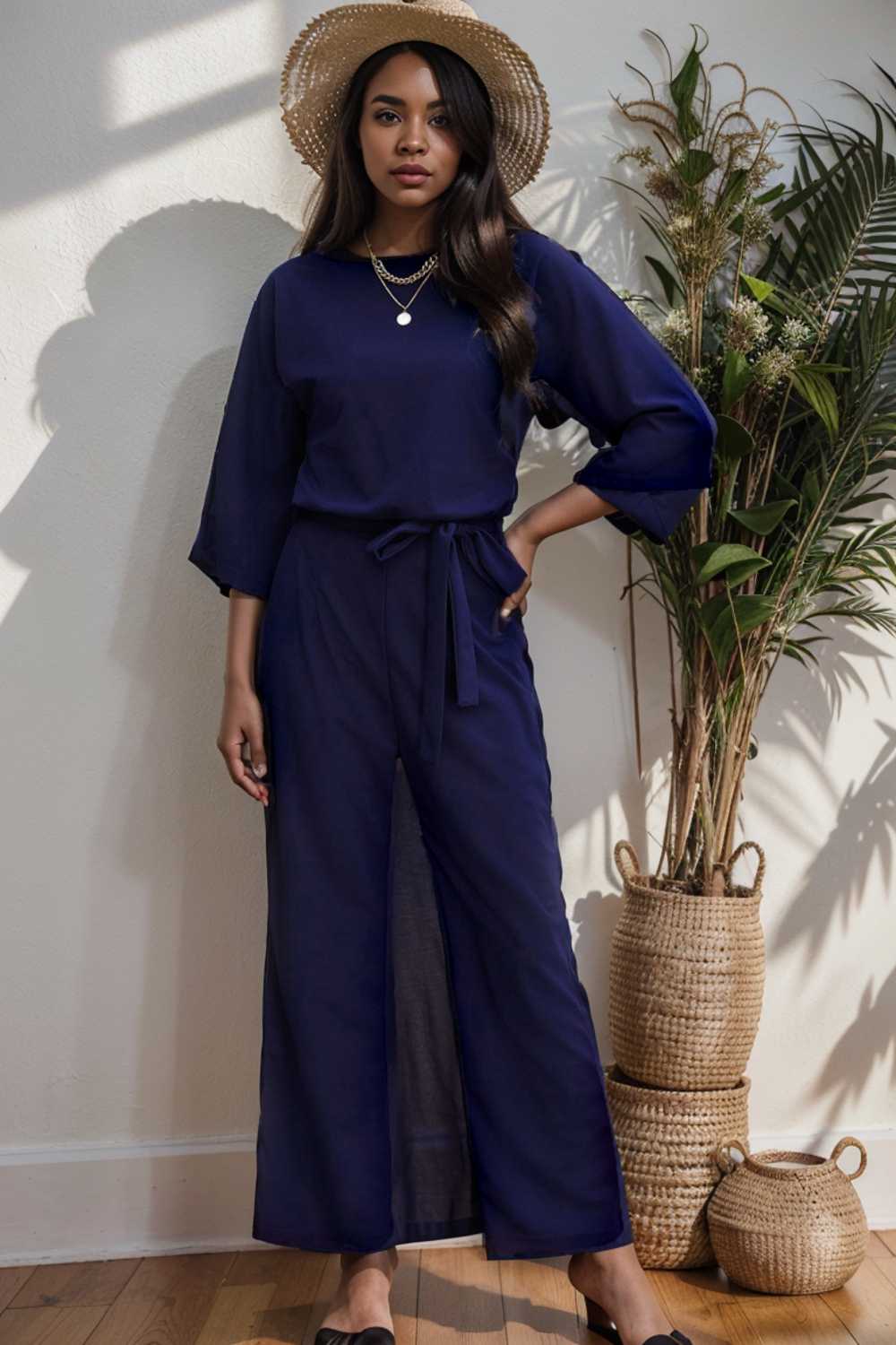 solid five point sleeve belted wide leg jumpsuit 112763
