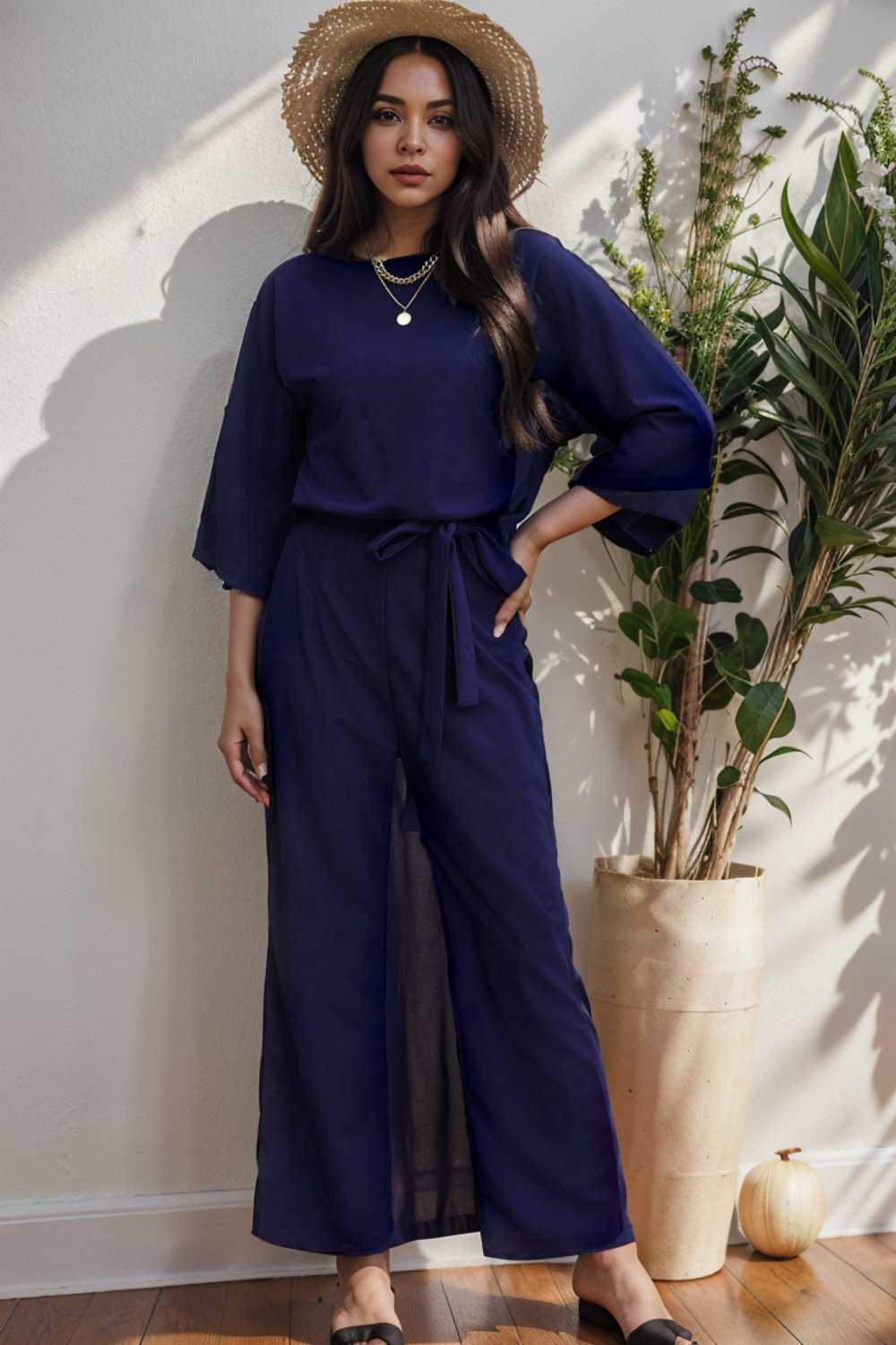 solid five point sleeve belted wide leg jumpsuit 111547