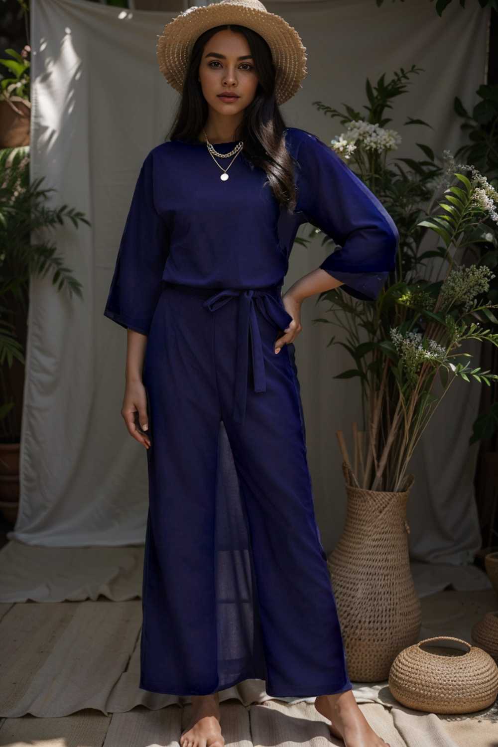 solid five point sleeve belted wide leg jumpsuit 111546