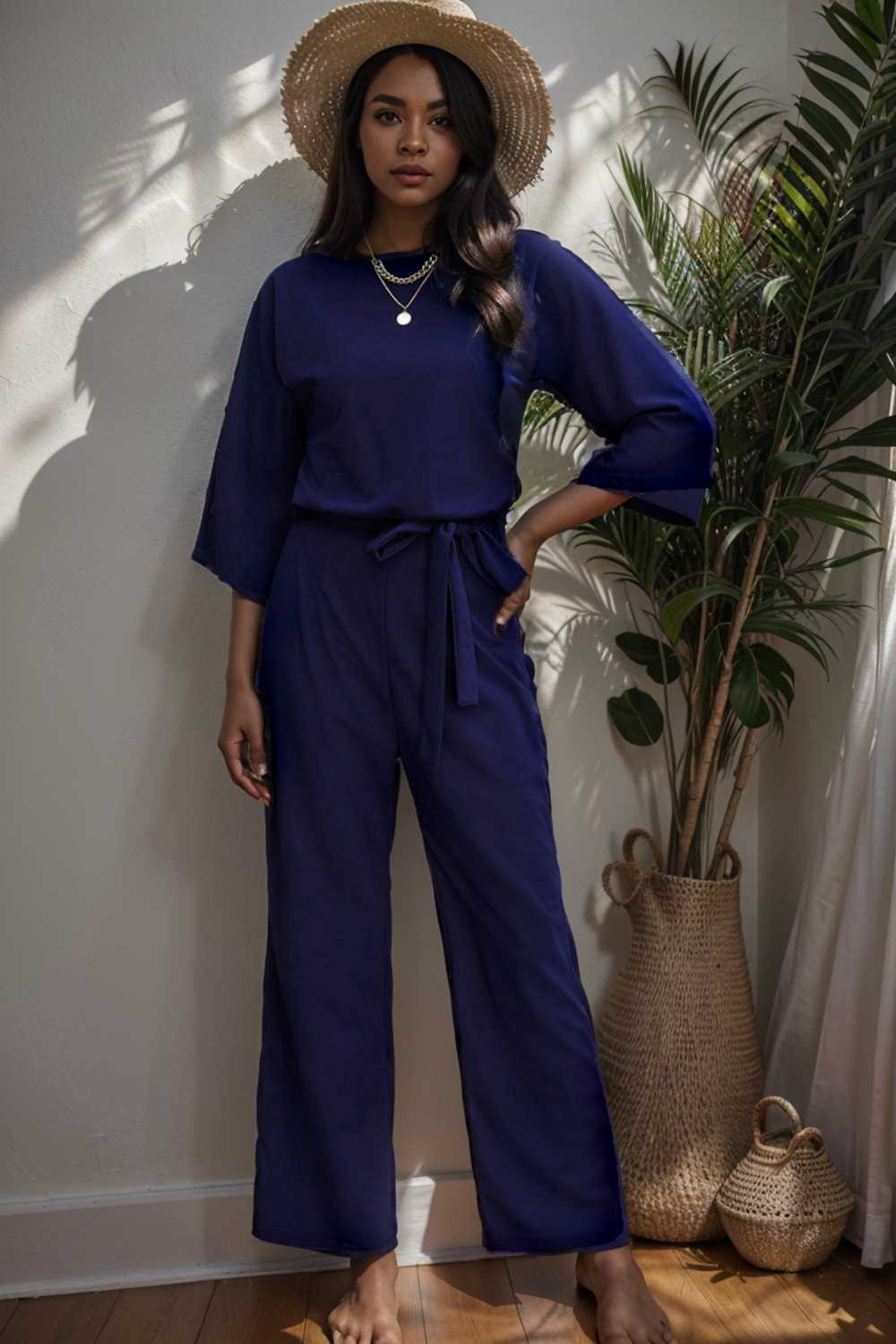 solid five point sleeve belted wide leg jumpsuit 111545