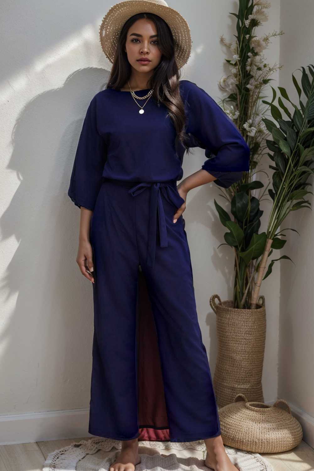 solid five point sleeve belted wide leg jumpsuit 111544