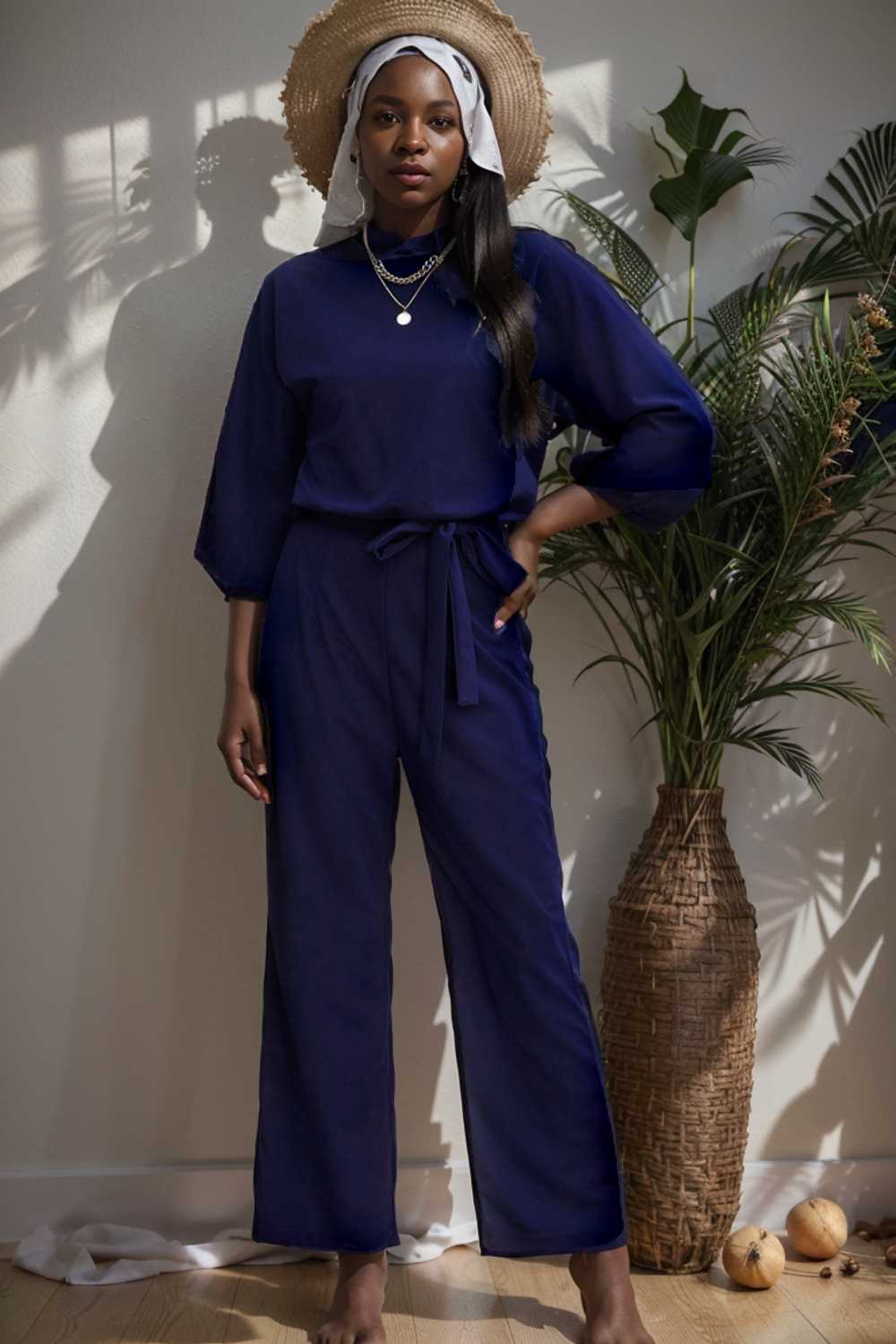solid five point sleeve belted wide leg jumpsuit 111543