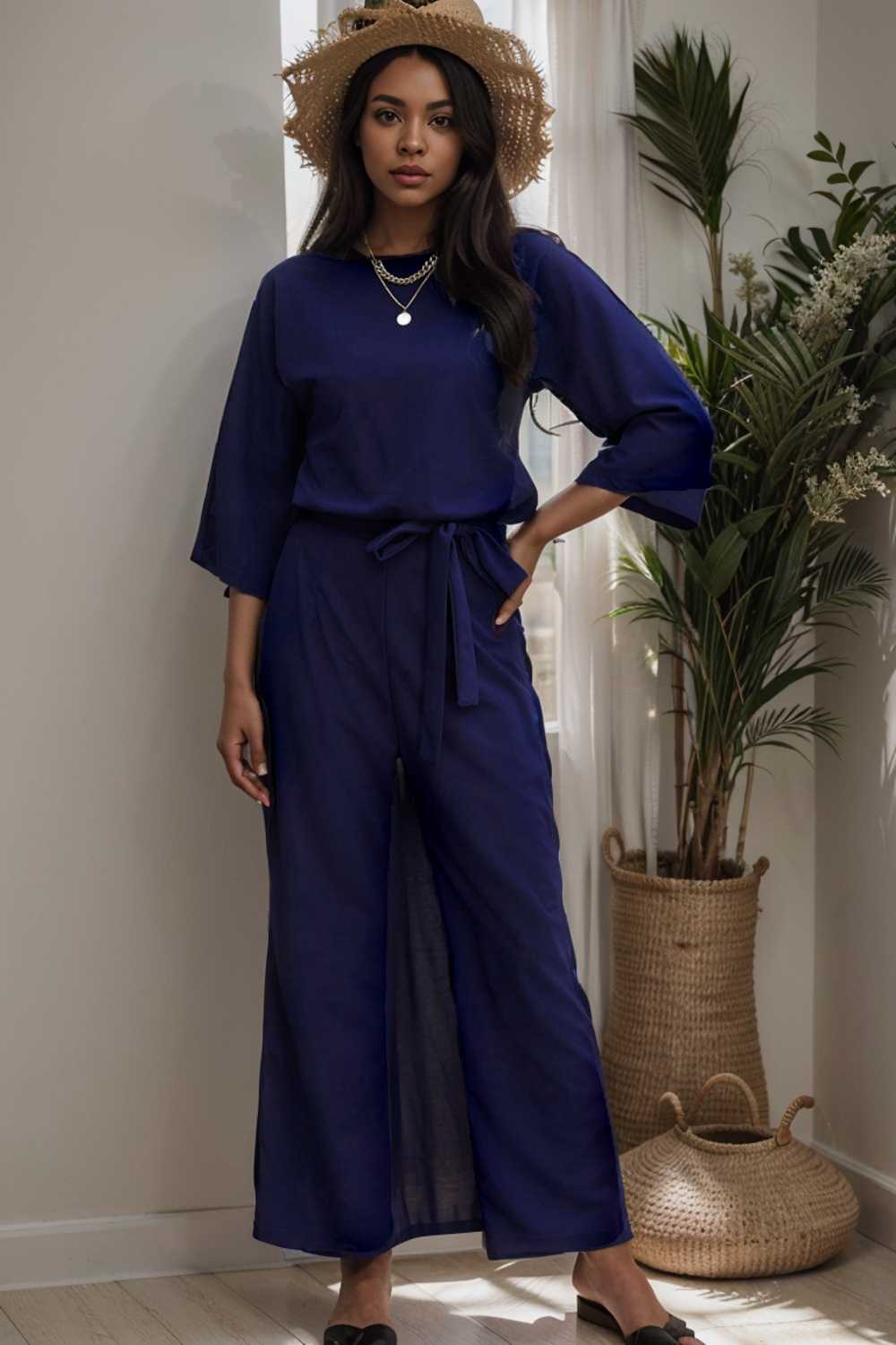 solid five point sleeve belted wide leg jumpsuit 111542