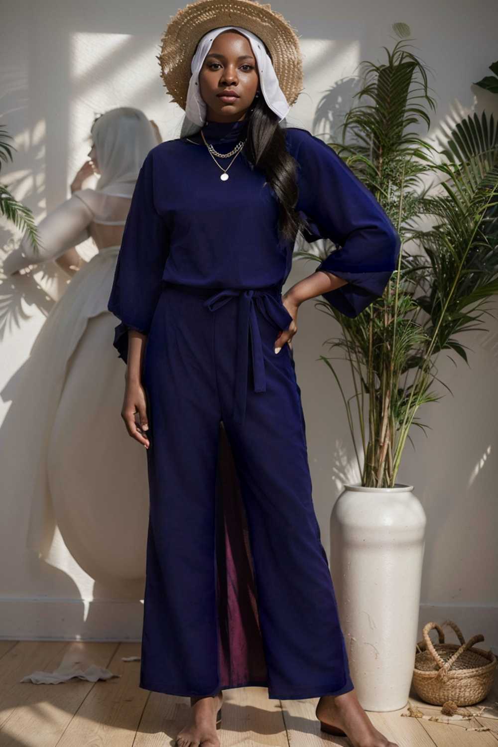 solid five point sleeve belted wide leg jumpsuit 111541