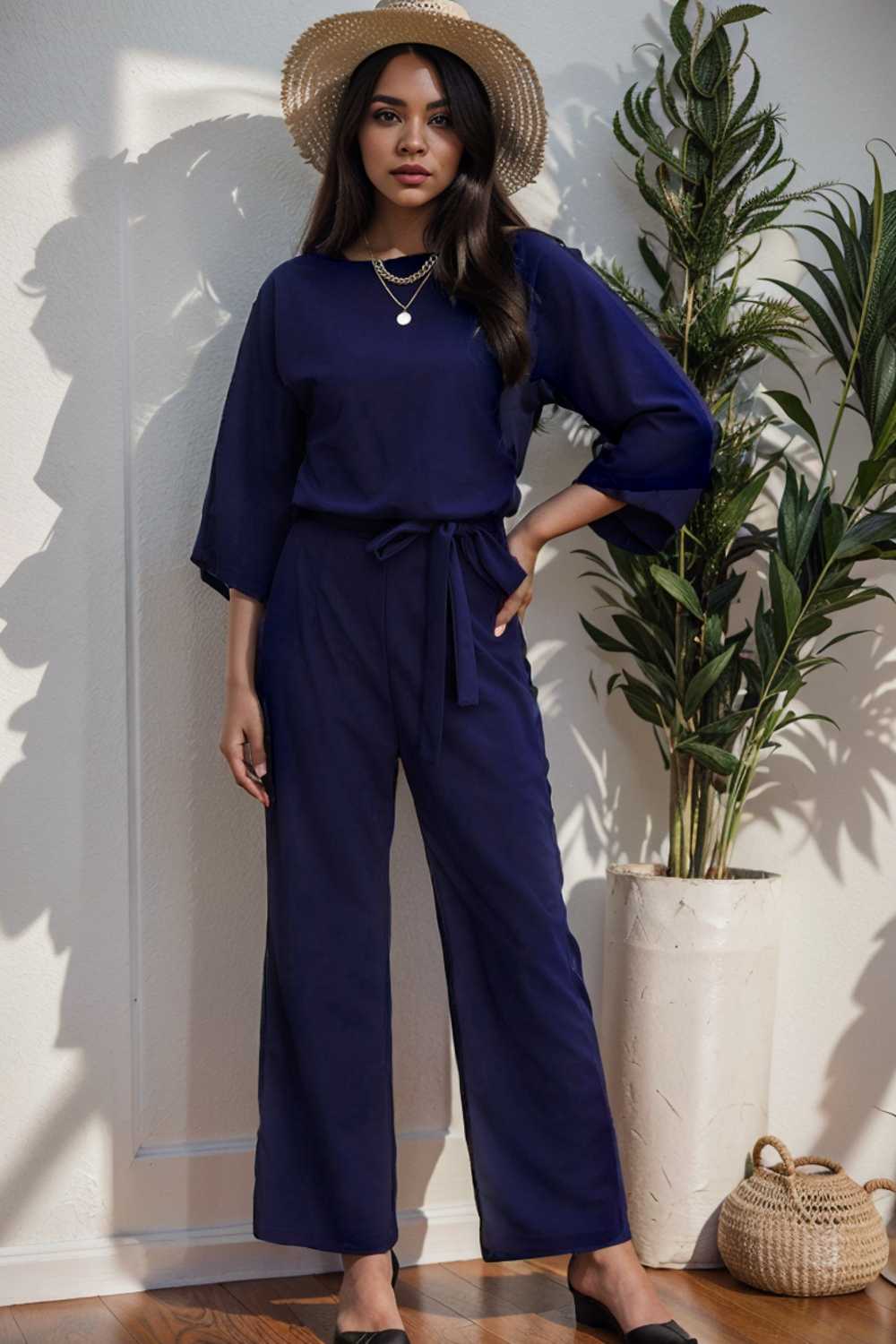 solid five point sleeve belted wide leg jumpsuit 111540