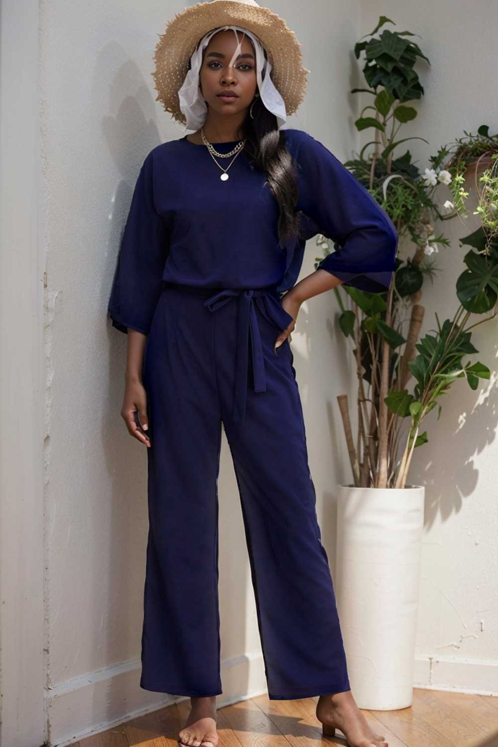 solid five point sleeve belted wide leg jumpsuit 111539