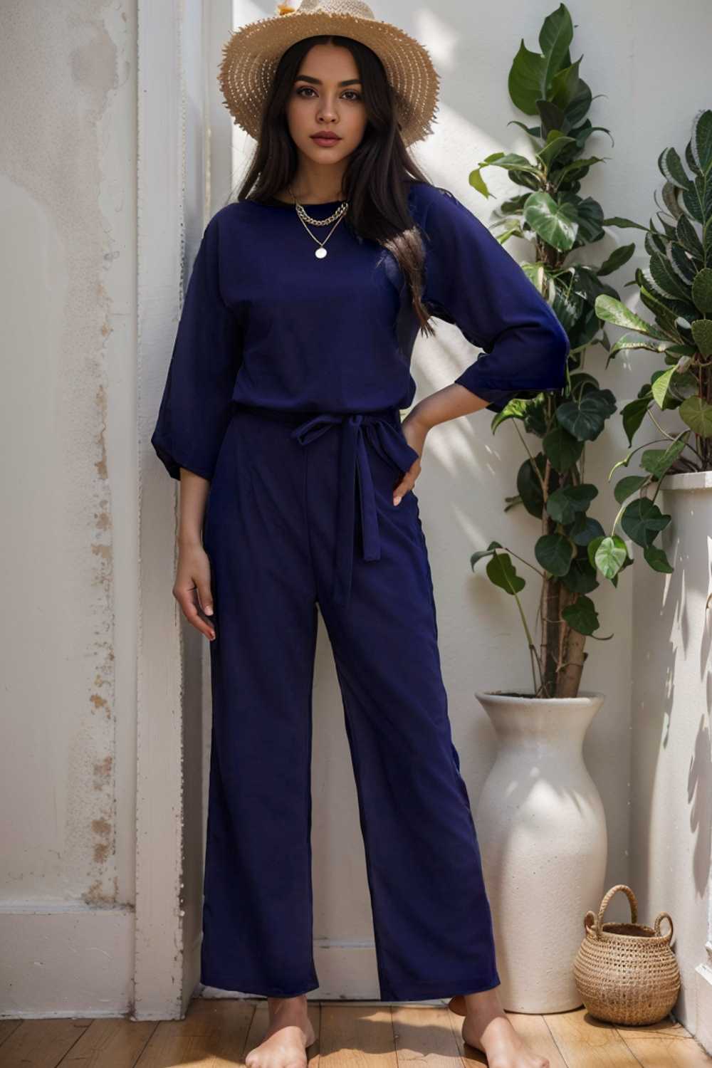 solid five point sleeve belted wide leg jumpsuit 111538