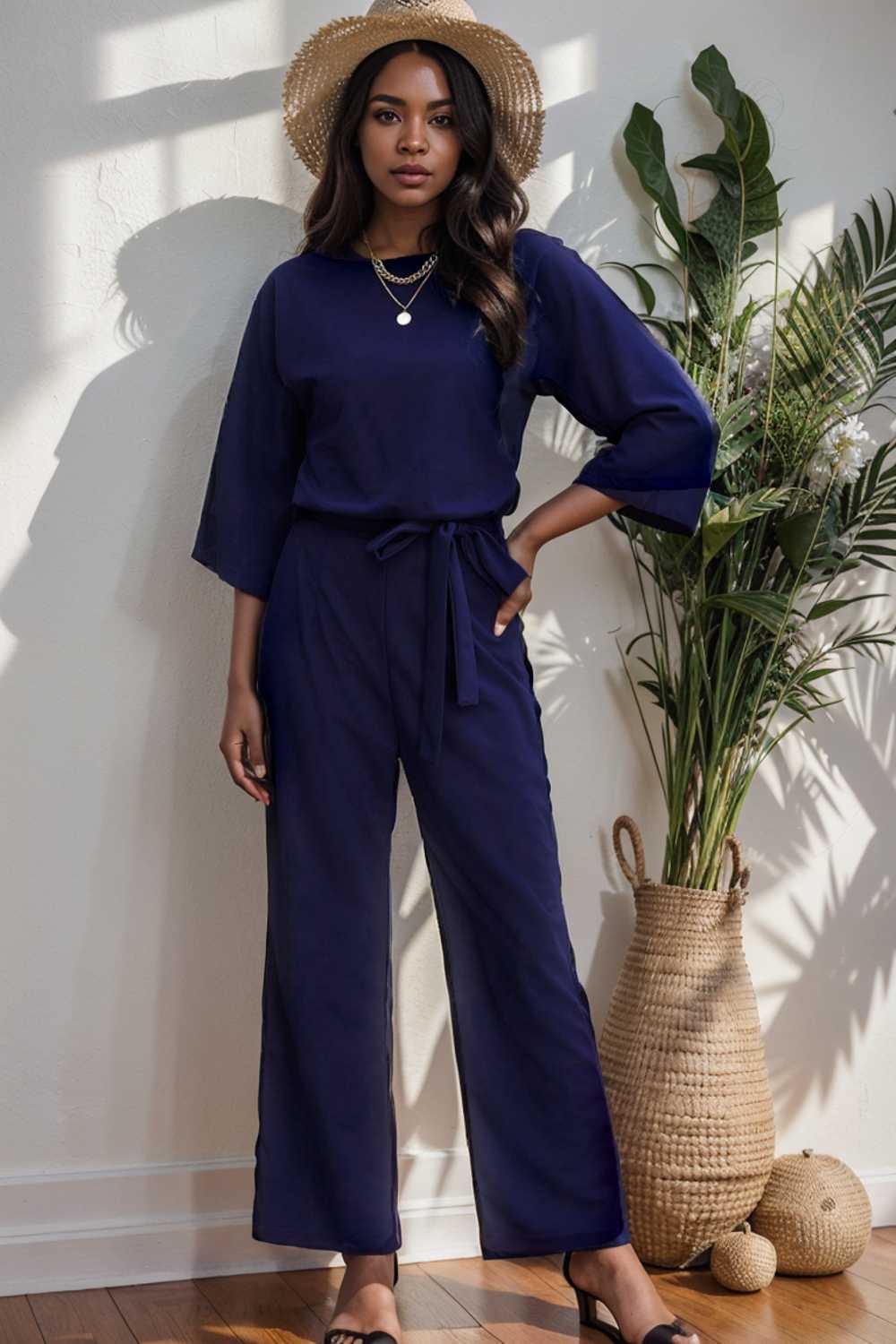 solid five point sleeve belted wide leg jumpsuit 111537