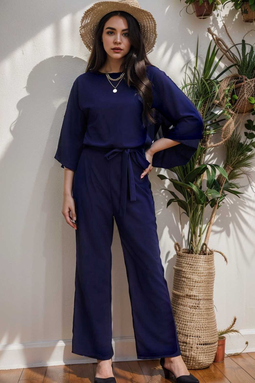 solid five point sleeve belted wide leg jumpsuit 111536