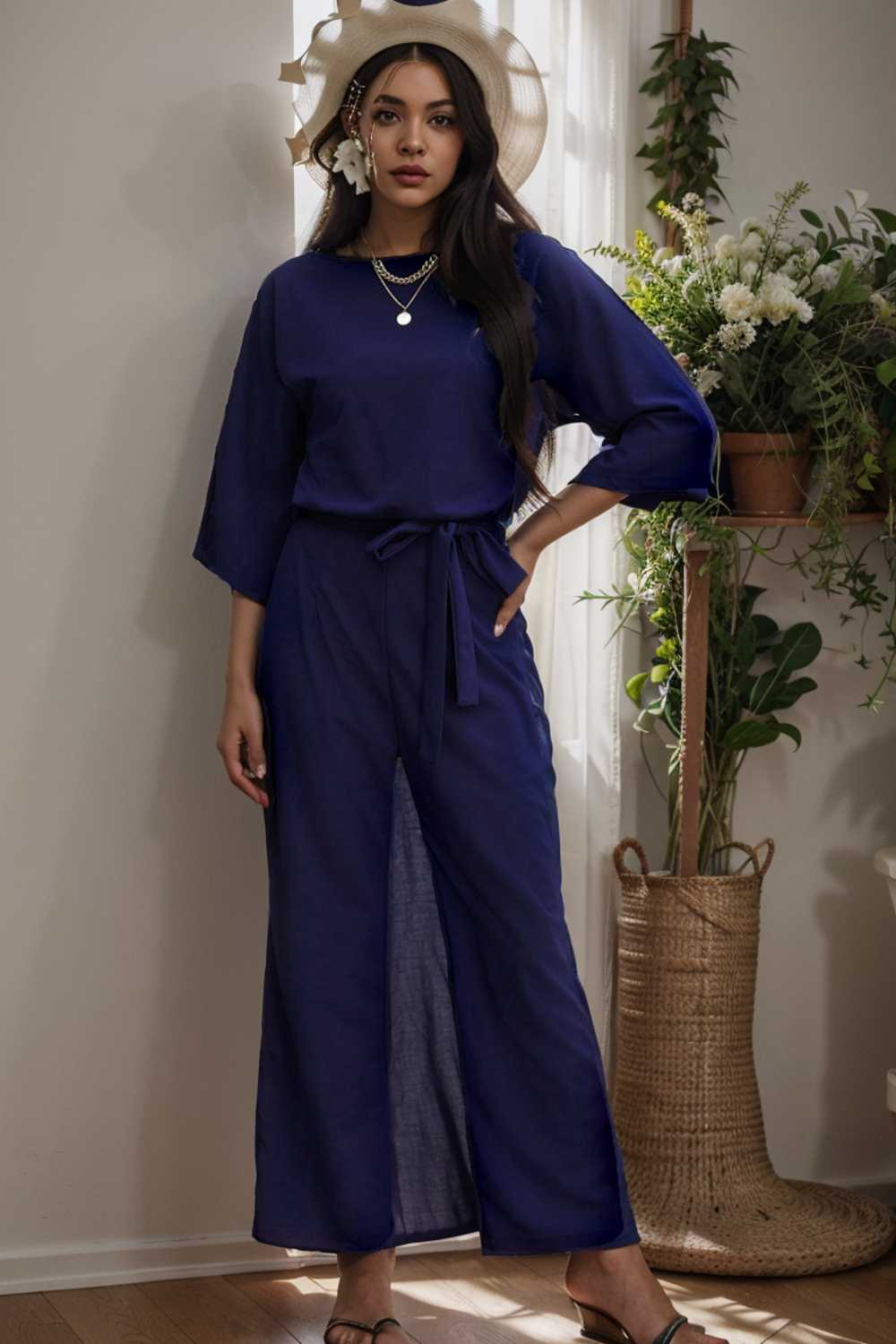 solid five point sleeve belted wide leg jumpsuit 111535