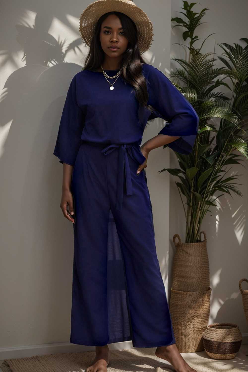 solid five point sleeve belted wide leg jumpsuit 111534