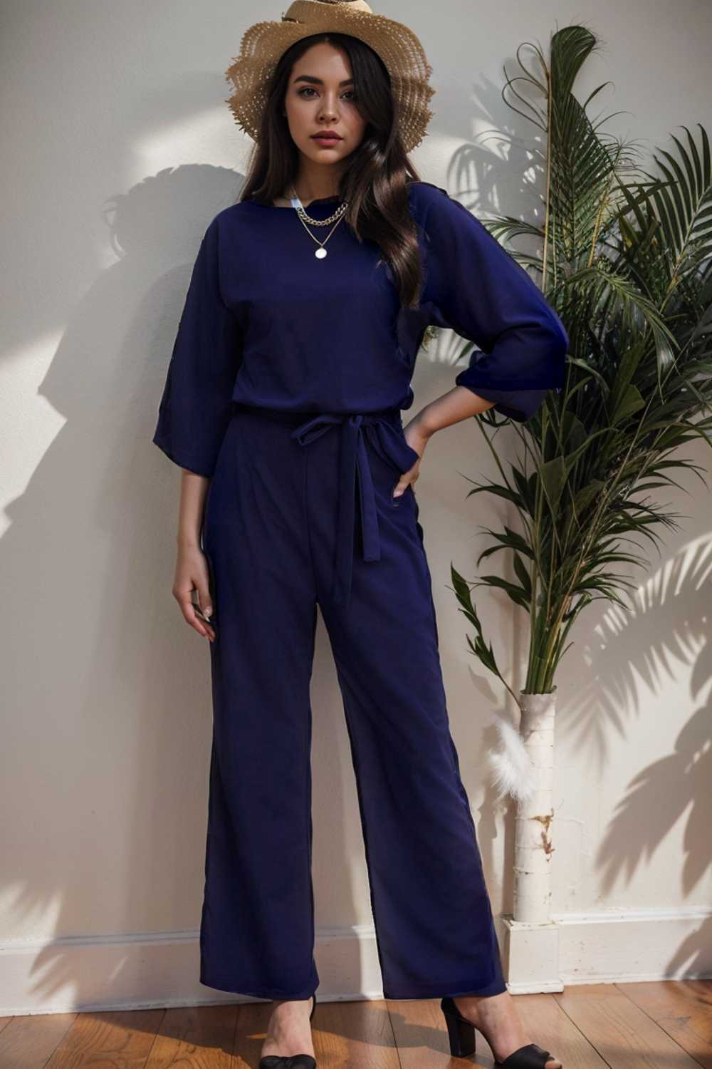 solid five point sleeve belted wide leg jumpsuit 111533