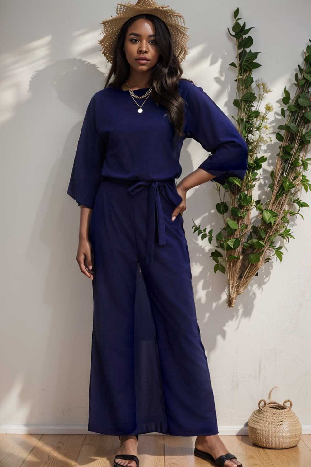 solid five point sleeve belted wide leg jumpsuit 111532