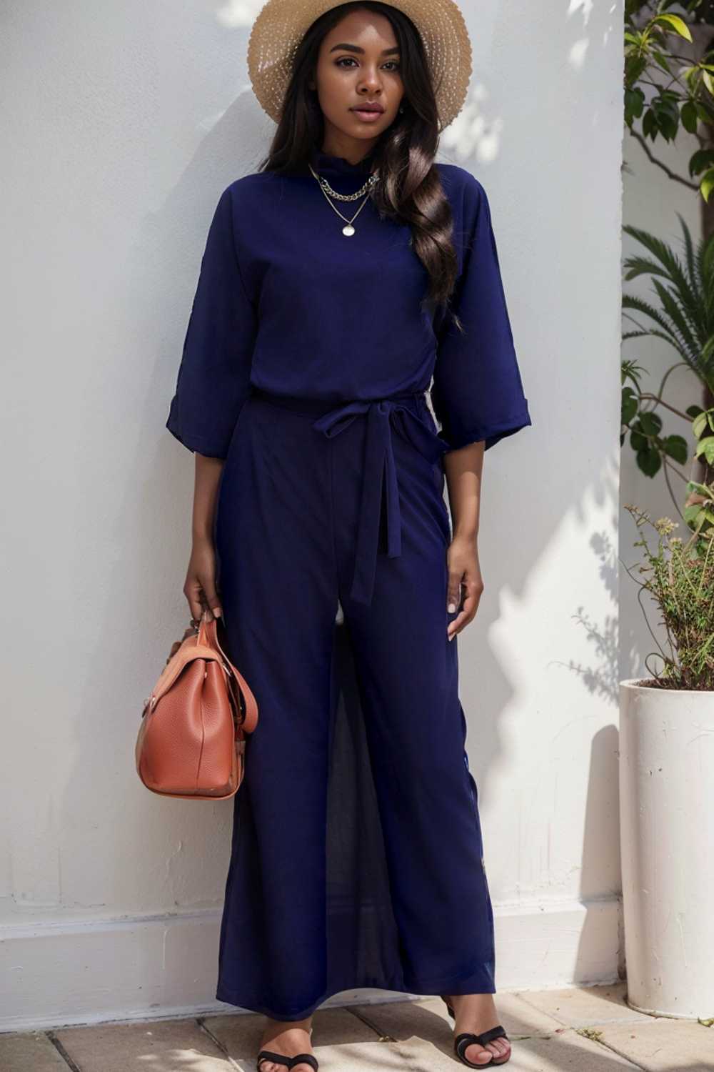 solid five point sleeve belted wide leg jumpsuit 112762